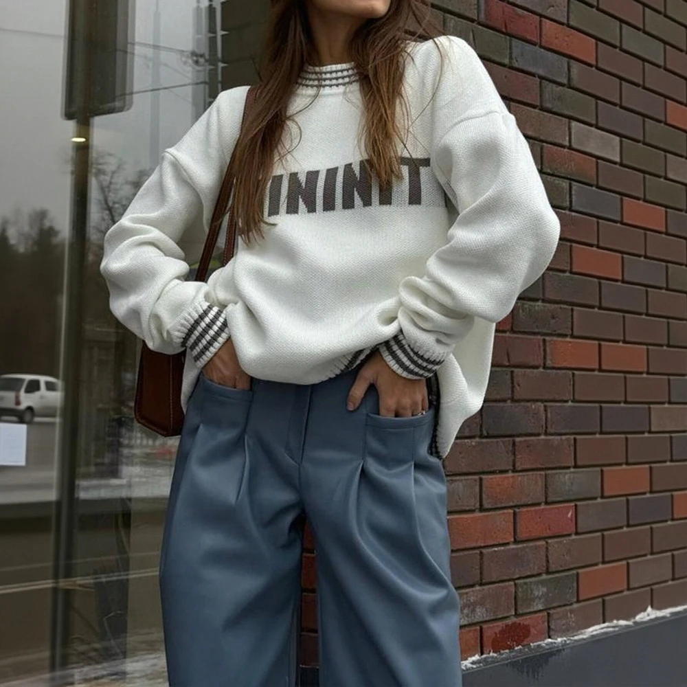 

Свитер с длинными рукавами и круглым вырезом в деловом стиле, женский облегающий дизайн, прямые рукава-трубы, украшение не требуется