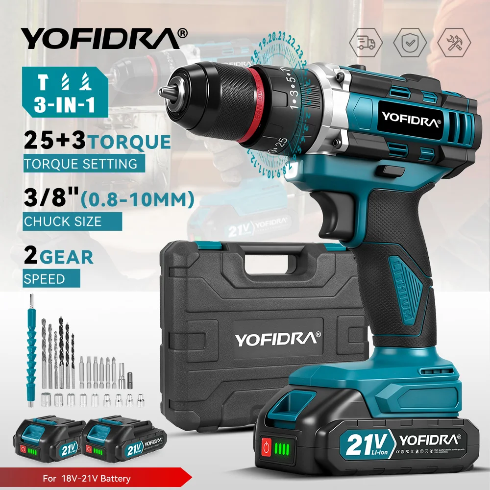 YOFIDRA 25+3 Drehmoment Elektrischer Schlagbohrer 3-in-1 Handgeführter Kabelloser Schlagbohrer Holzbearbeitungs-Elektrowerkzeug für Makita-Akku