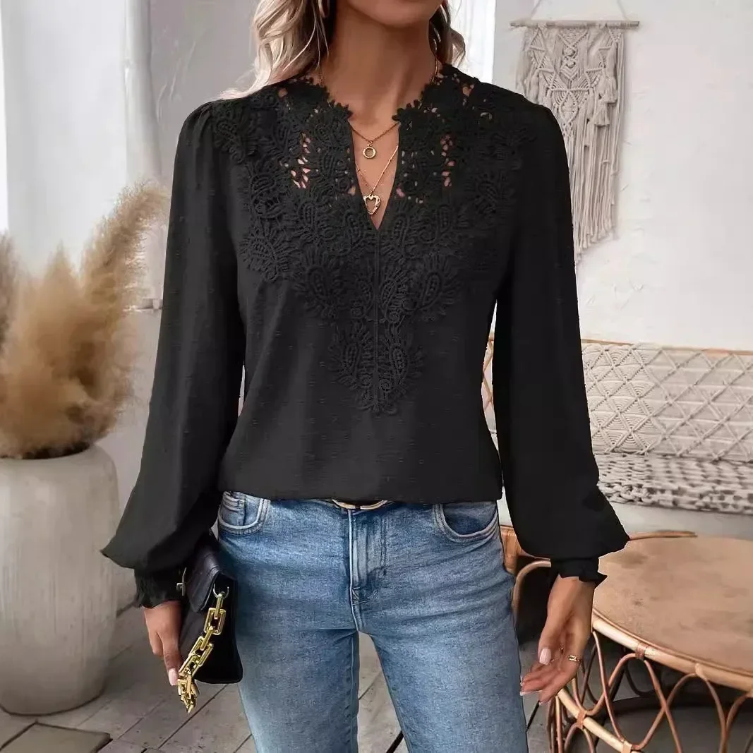 2024 Autumn Long Sleeve Lace Shirts & Blouses for Women Fashion Loose V-neck White Blouse Tops Blusas Casuales Mujer Clothing