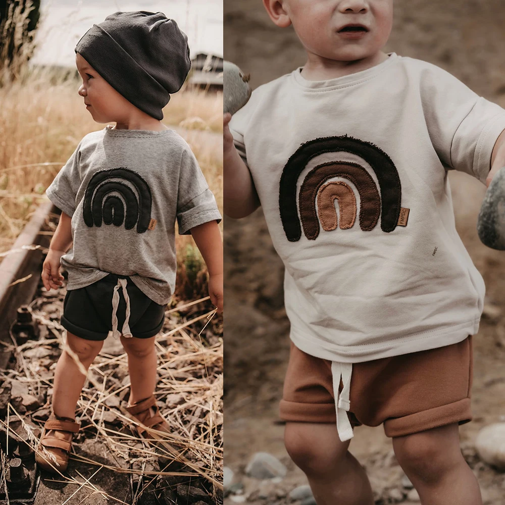 INS Baby Boys Patch Rainbow T-Shirts Summer Toddler Girls Soft Cotton Short Sleeve Tee Kids Oversized Basic Tops Vintage Shirts