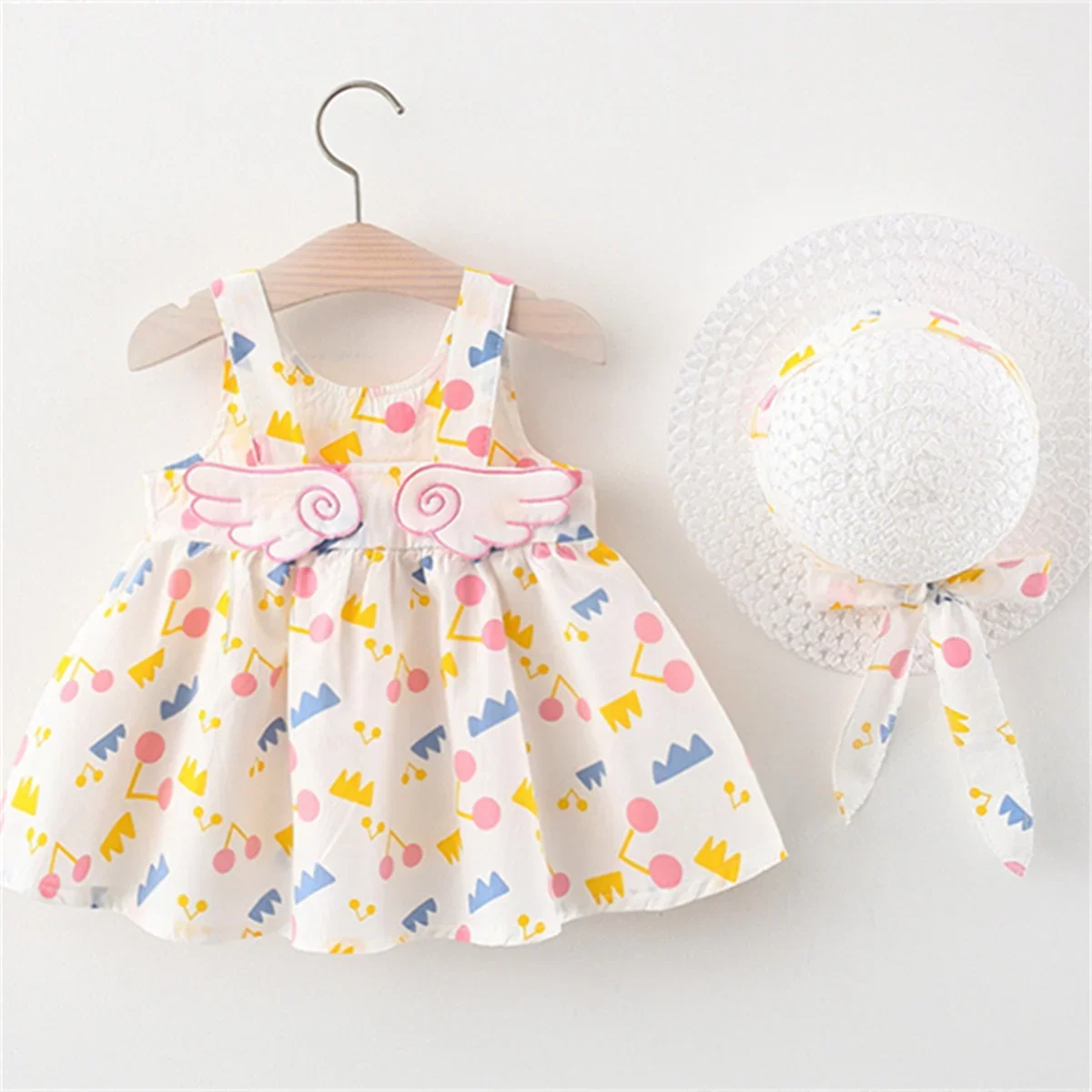 2Pcs/SetGirls\' Dress Summer New Instagram Children\'s Wear Irregular Print Back Cartoon Wings Sleeveless A-line Skirt with Hat