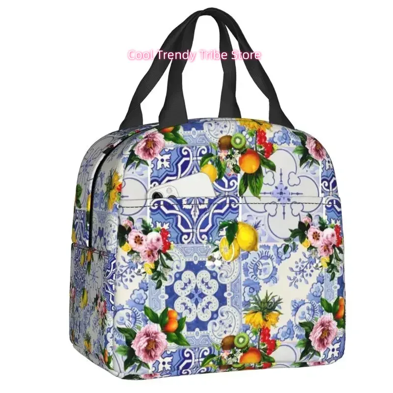 Mediterranean Summer Fruit Lemons Tiles Lunch | Portable Cooler Thermal Insulated Lunch Box for School Storage Bento Box, Oxford