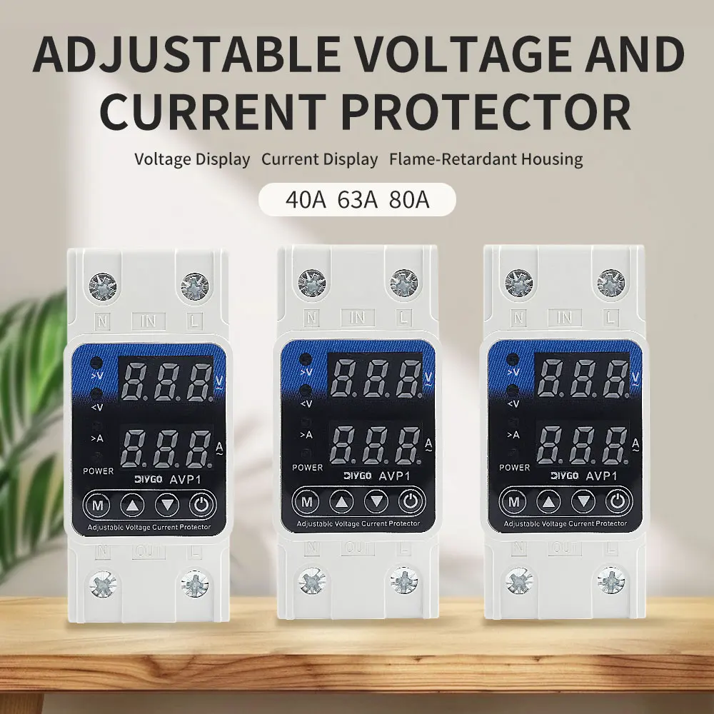 Digital Din Rail Voltage Current Protector Adjustable Over/Under Voltage Protection Device Auto Reset 40/63/80A Surge Protector