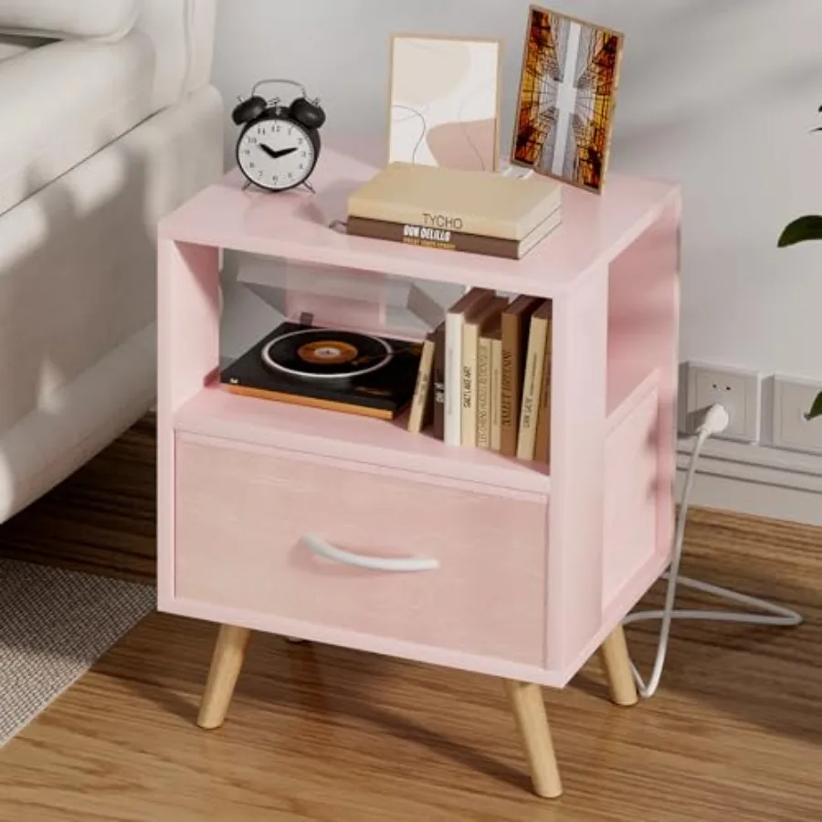 

Night Stand with Charging Station, Nightstand with Drawer, Nursery Bedside Table USB Ports and Outlets, End Table for Small Spa