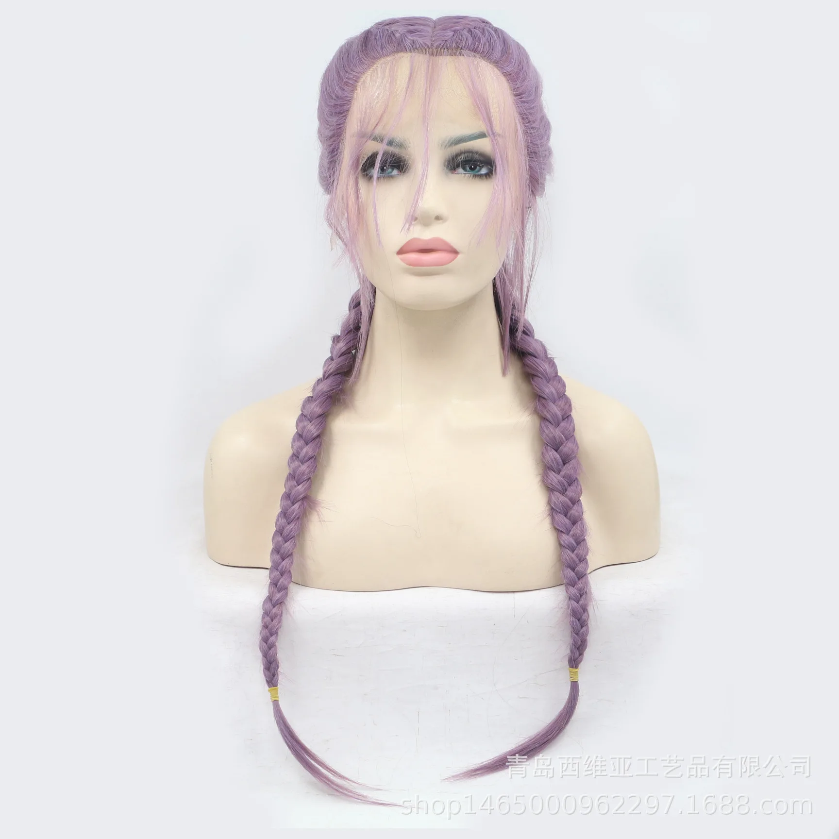 front lace chemical fiber purple double ponytail bangs fishbone braid wig