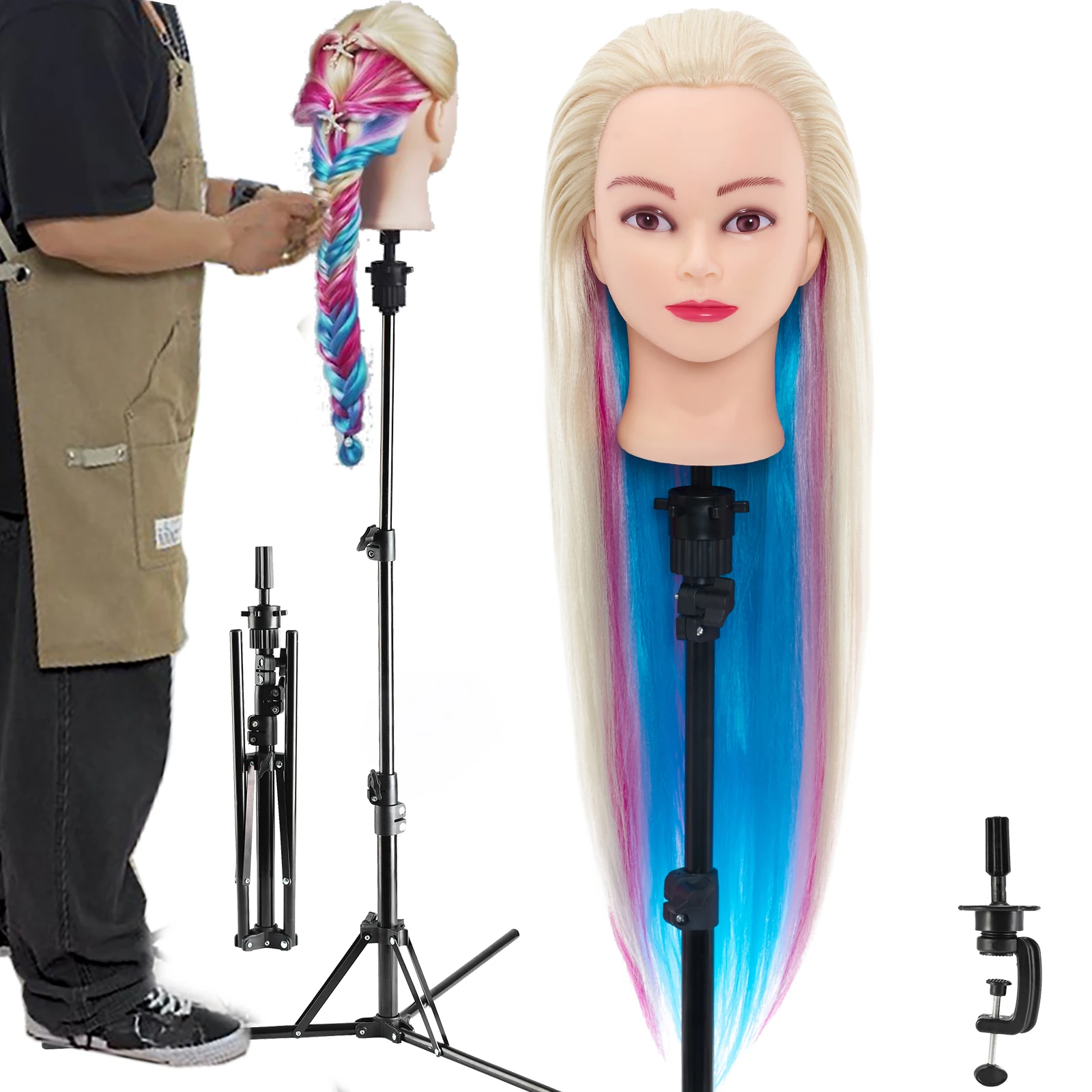 71cm Long Thick Hair Salon Mannequin Head Practice Doll Head Hairstyles Hairdressing Training 120cm Tripod