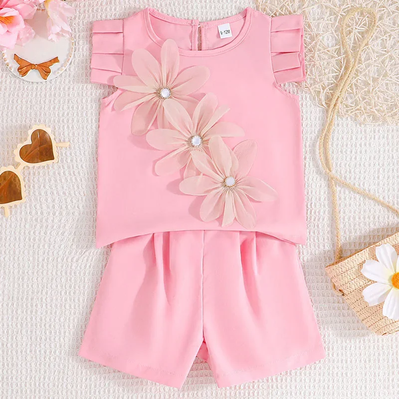 

2025 Summer Infant Girl Clothes Korean Fashion Cute Flower Sleeveless Pink Tops+Shorts Toddler Clothing Baby Newborn Items B050