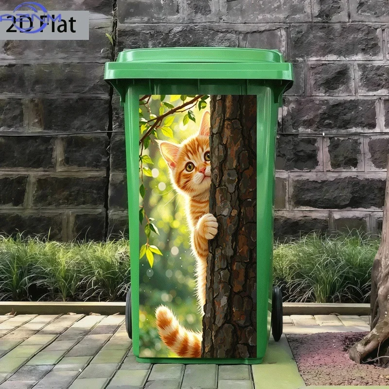 Trash Can Sticker Little Orange Cat Behind a Tree Themed Design Self-Adhesive Wall Decal Wallpaper for Kitchen Trash Can Deco