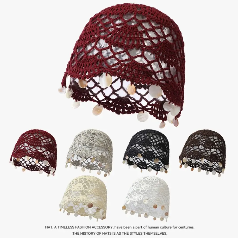 Elegant Hollowed Out Knitted Hat Thin Ethnic Style Shell Tassels Hat Korean Solid Color Crochet Weave Cap Apparel Accessories