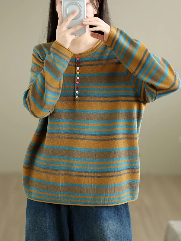 Retro Gradient Color Stripe round Neck Knitted Sweater Women's Loose Fit Comfortable Slimming Autumn Top Breathable Long Sleeve