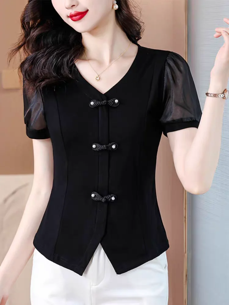 Cotton Black T-shirt Women\'s Summer New Short Puff Sleeve Fashion Top Vintage Buttons V Neck Split Pullover T Shirt