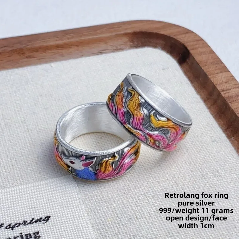 

New Pure Silver925Chinese Style Silver Jewelry Ring Enamel Color Fox Wide Pure Gift