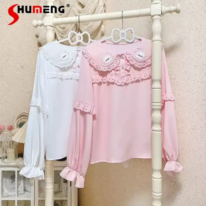 Camisetas interiores de estilo japonés Original para chica, Top de manga larga, bordado de oso suave para niña, camisetas interiores Kawaii Lolita, ropa para estudiantes