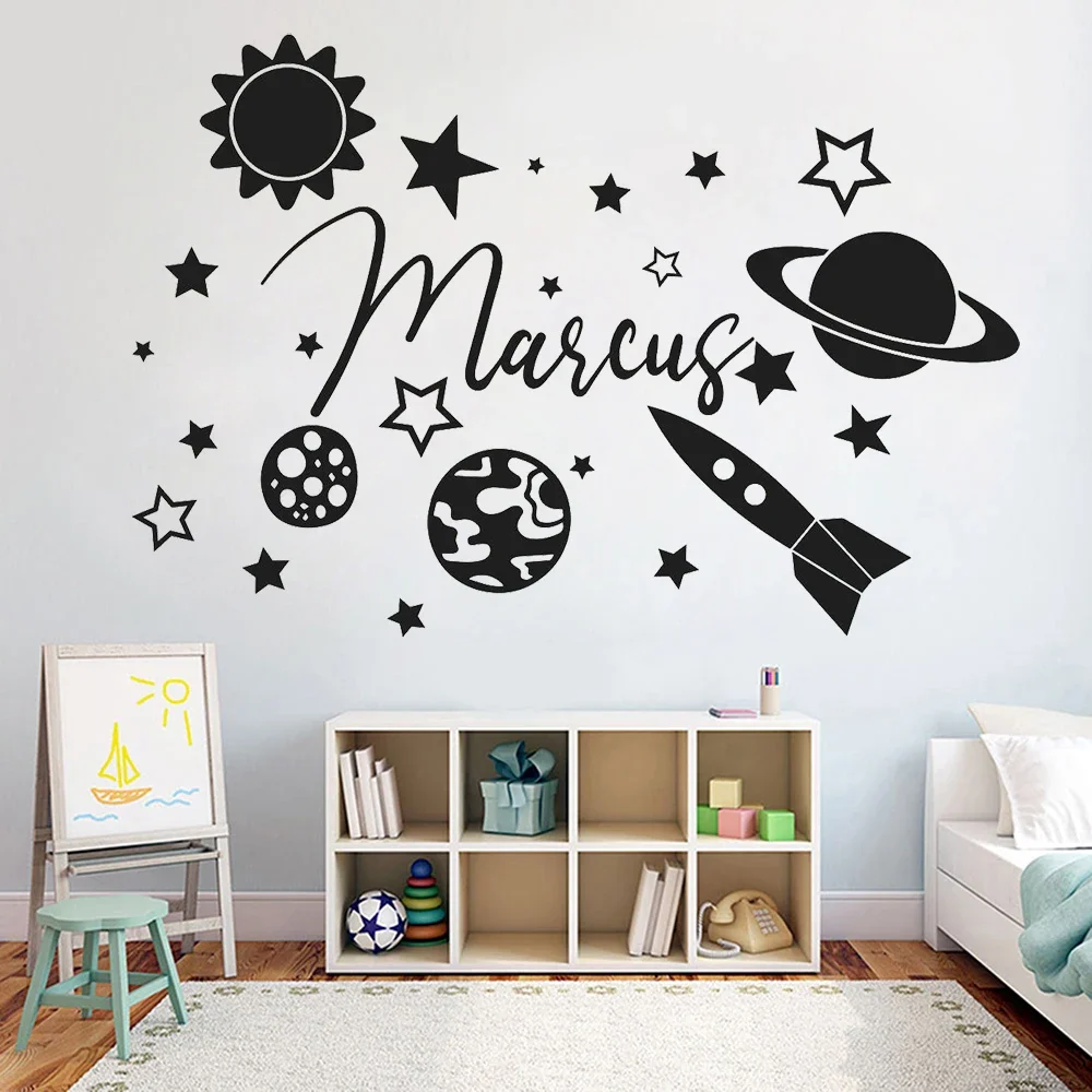 Custom Name Wall Decal Space Wall Art The Planet Wall Sticker Stars Rocket Nursery Kids Room Decor Boy Name Decals C286