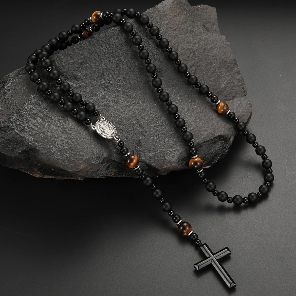 Lava Stone Black Obsidian Yellow Tiger-eye Beads Cross Pendant Y Necklace for Men