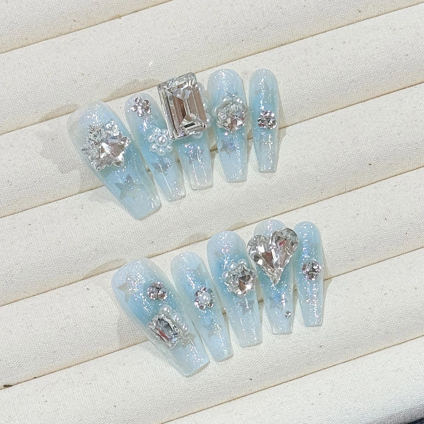 Handmade capa completa Rhinestone Design bailarina francesa brilhante unhas postiças, pressione sobre unhas, pontas de unhas azuis, artificial Wearable unhas dicas, 10pcs