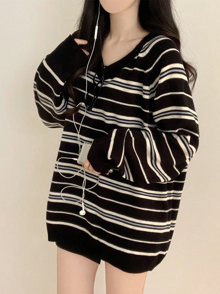 

Loose Long Sleeve V-Neck Knitted Sweater Spring Casual Style Ladies Comfortable Polyester Fiber Mid-Length Striped Top