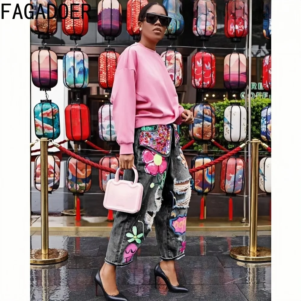 FAGADOER Hole Fashion Print Diamond Splicing Loose Jeans Women High Waist Button Pocket Denim Trousers Casual Female Streetwear