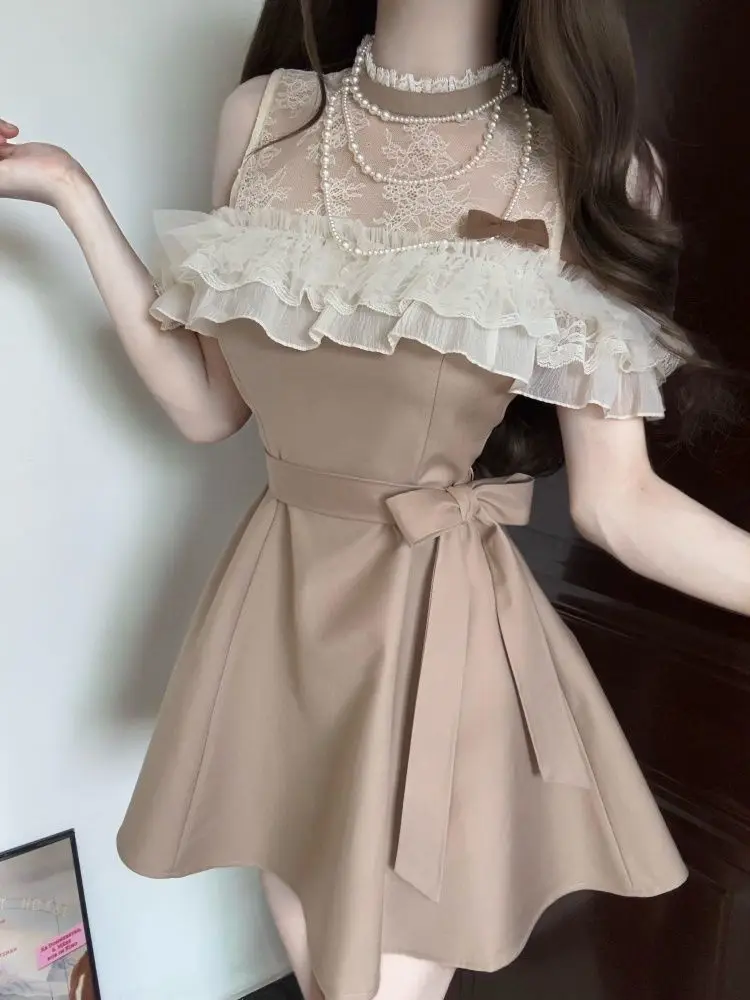

Japan Sweet Golden Style Slim Fit Commuter Princess Skirt New Style Exquisite Light Luxury Lace Splicing Dress
