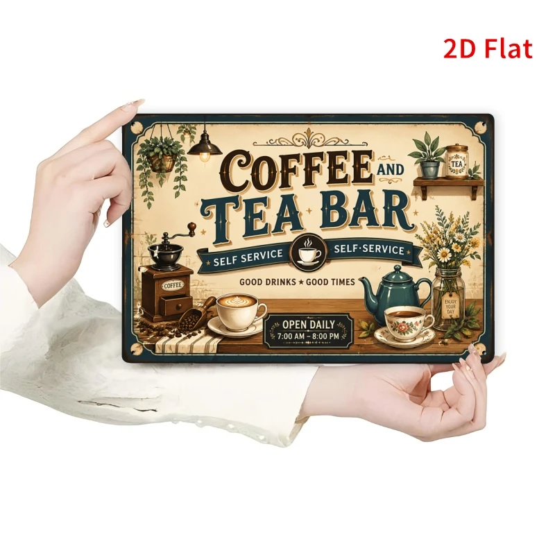 Coffee Bar Decor, Coffee And Tea Self Service Metal Tin Plaque, Vintage Farmhouse Decorative Signs