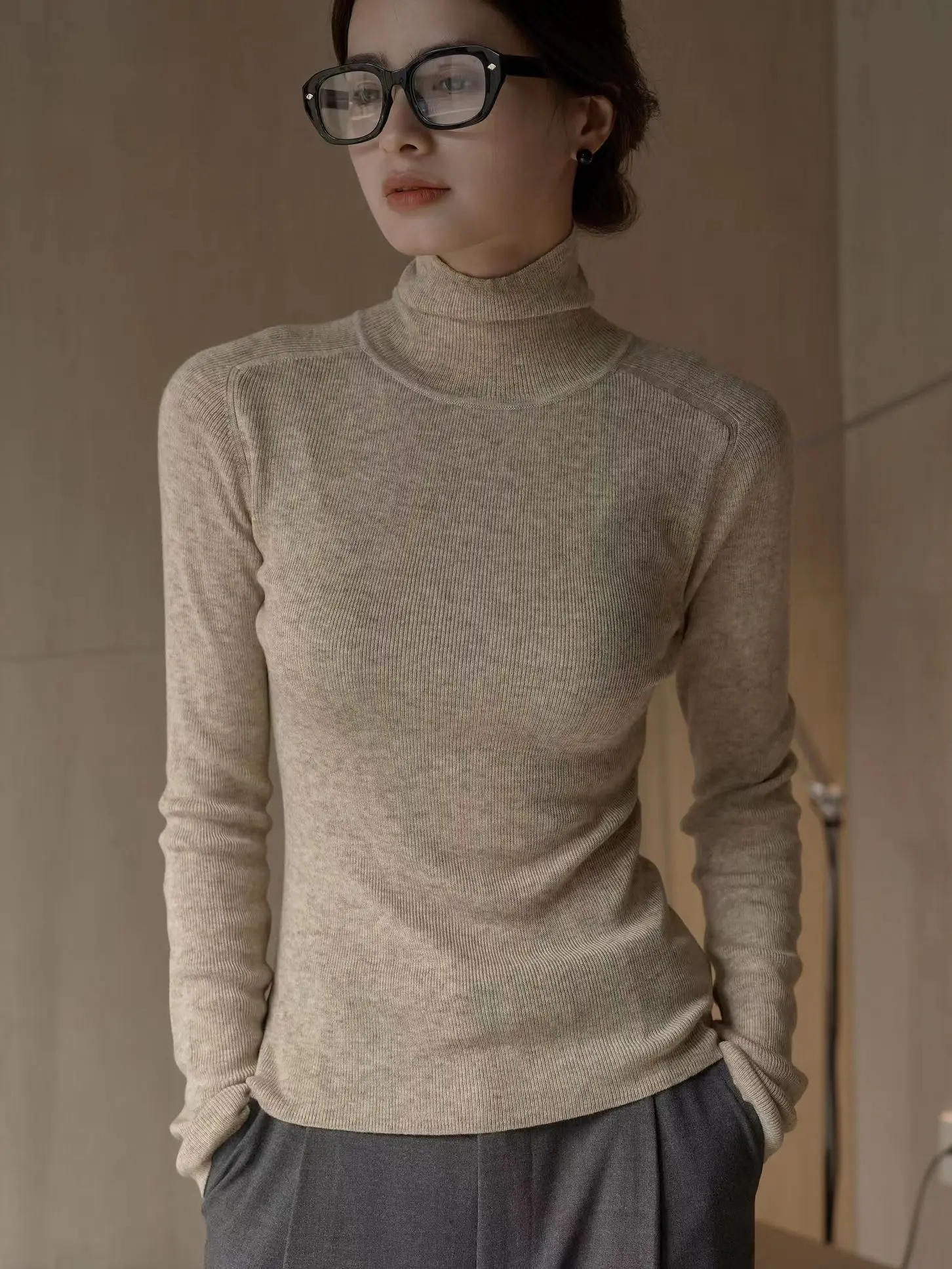 

Autumn and Winter Women's Casual Solid Color High Neck Long Sleeve Wool Slim Fit Sweater