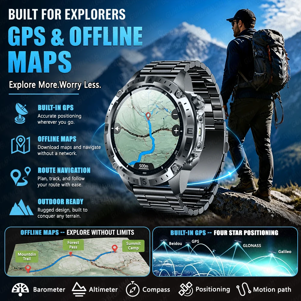 2026 New Outdoor Military GPS Sports Offline Map SmartWatch Waterproof 2GB RAM Music Compass Heart rate Call Fitness Watches Men