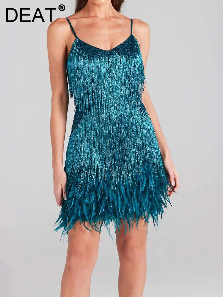 

DEAT Sexy Fashion Women's Spliced Feather Sequins Tassel Sling Dress 2023 Autumn New Backless Sleeveless Dresses Female 33A0107