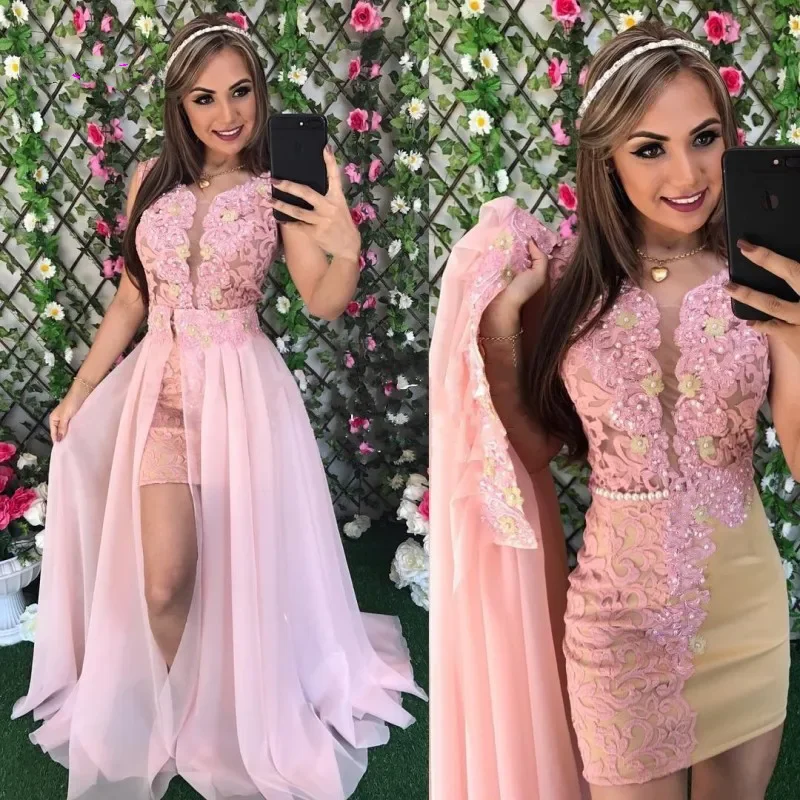 

Elegant Women 2 Pieces Prom Dresses Lace Appliques Pearls Side Slit Evening Gowns Cap Sleeves Chiffon Formal Party Dress