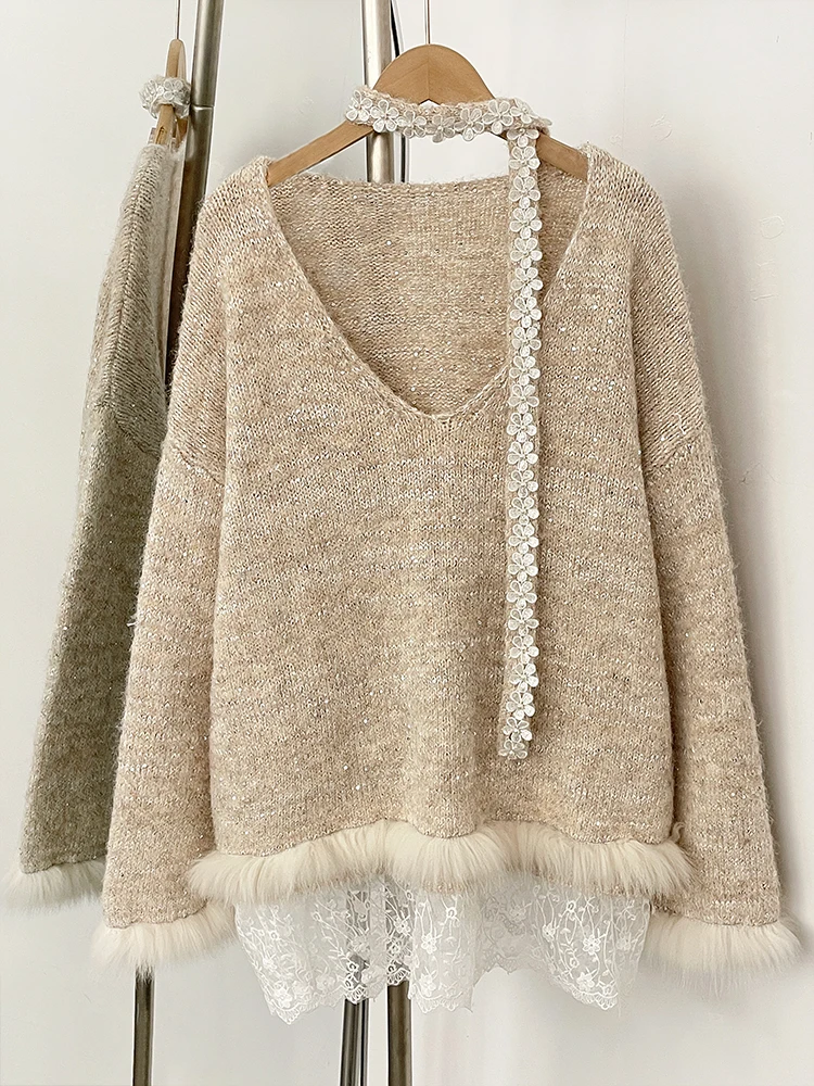 2025 nueva primavera otoño Top ropa de punto mujeres cinta suelta prendas de punto abrigo piel de zorro Real jerseys de encaje suéter chaqueta femenina