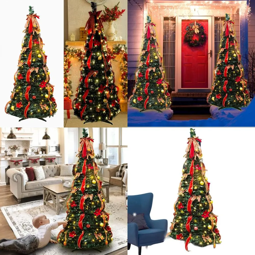 

6-Foot Tall Artificial Christmas Tree with Red Bow, Pre-lit for Indoor and Outdoor Use, Green Sparkling Ball Ornaments