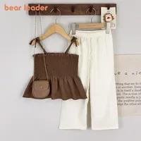 Bear Leader Girls Suit Korean Version Summer Khaki Ruffle Suspenders T-shirt + Beige Pants 2Pcs Set 3-7 Years Kids Clothes
