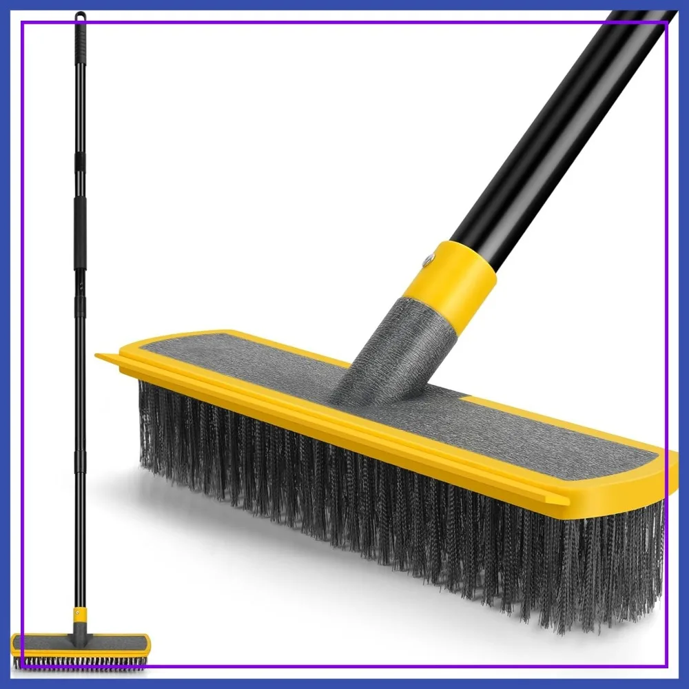 

Heavy Duty Broom Wire Floor Scrub Brush with Long Handle, 2 in 1 Scrape & Stainless Steel Bristle for Deck Concrete Patio Moss Removal