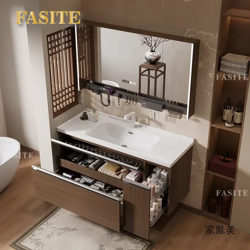 Japanese Style Bathroom Vanity Cabinet with Ceramic Integrated Basin and Pull Out Basket Storage Modern Wall Mounted Sink
