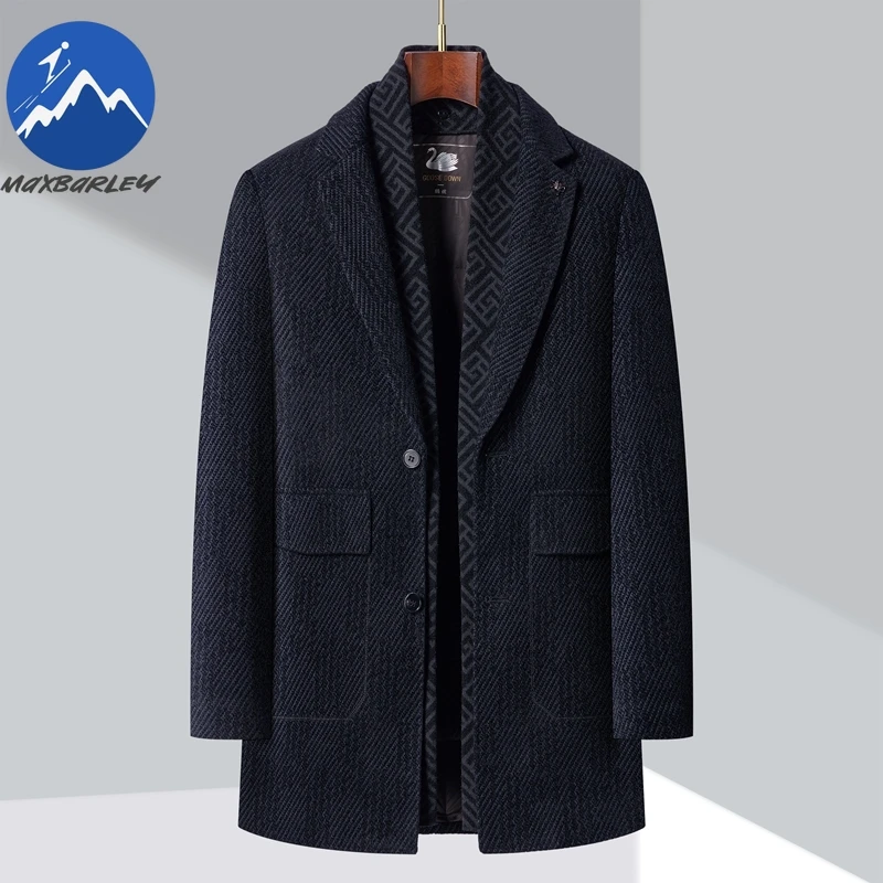 Maxbarley Winter Woolen Coat Men High-end Designer Detachable Goose Down Lined Warm Jacket Business Party Slim Fit Long Overcoat