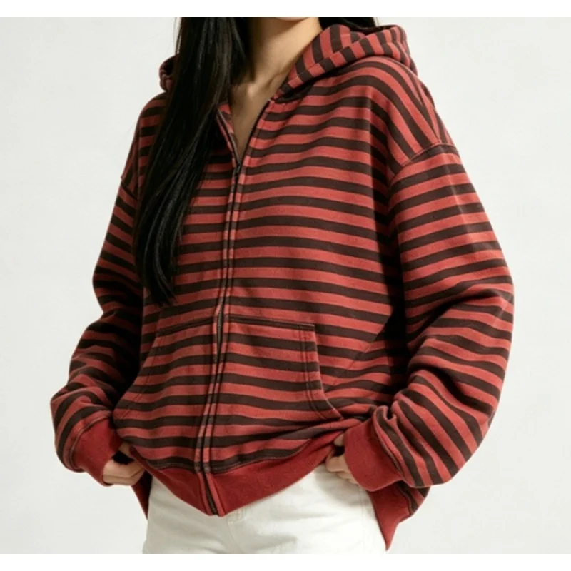 Y2K Striped Zip Up Hoodie Unisex Red Black Stripe Harajuku  Aesthetic Long Sleeve Full Zip Jacket Casual Streetwear Autumn