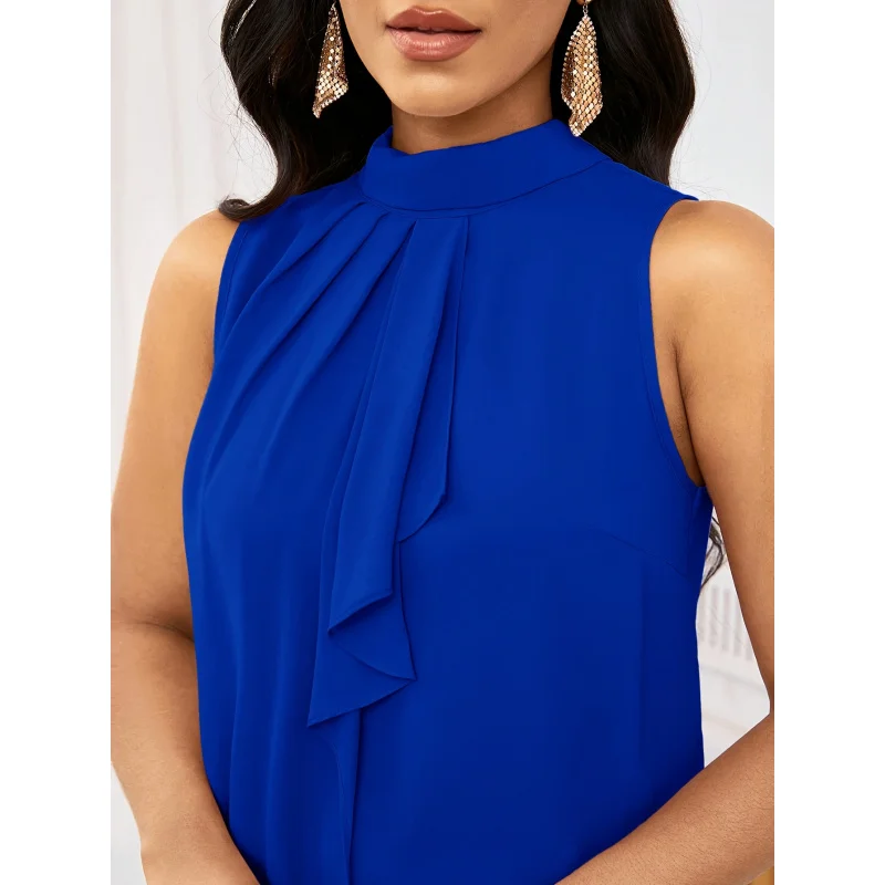 Women'S Fashion Solid Color High Neck Sleeveless Top,% Polyester, Lace-Up Detail, Woven Fabric, 120g/², Regular Length