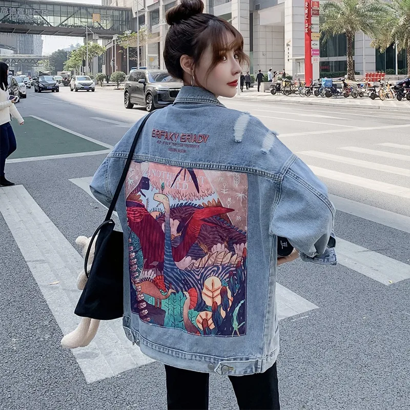 Women's Clothing Embroidery Printed Denim Jacket Spring Autumn Coat Hip-hop Streetwear Loose Single-breasted Jacket Long Sleeves