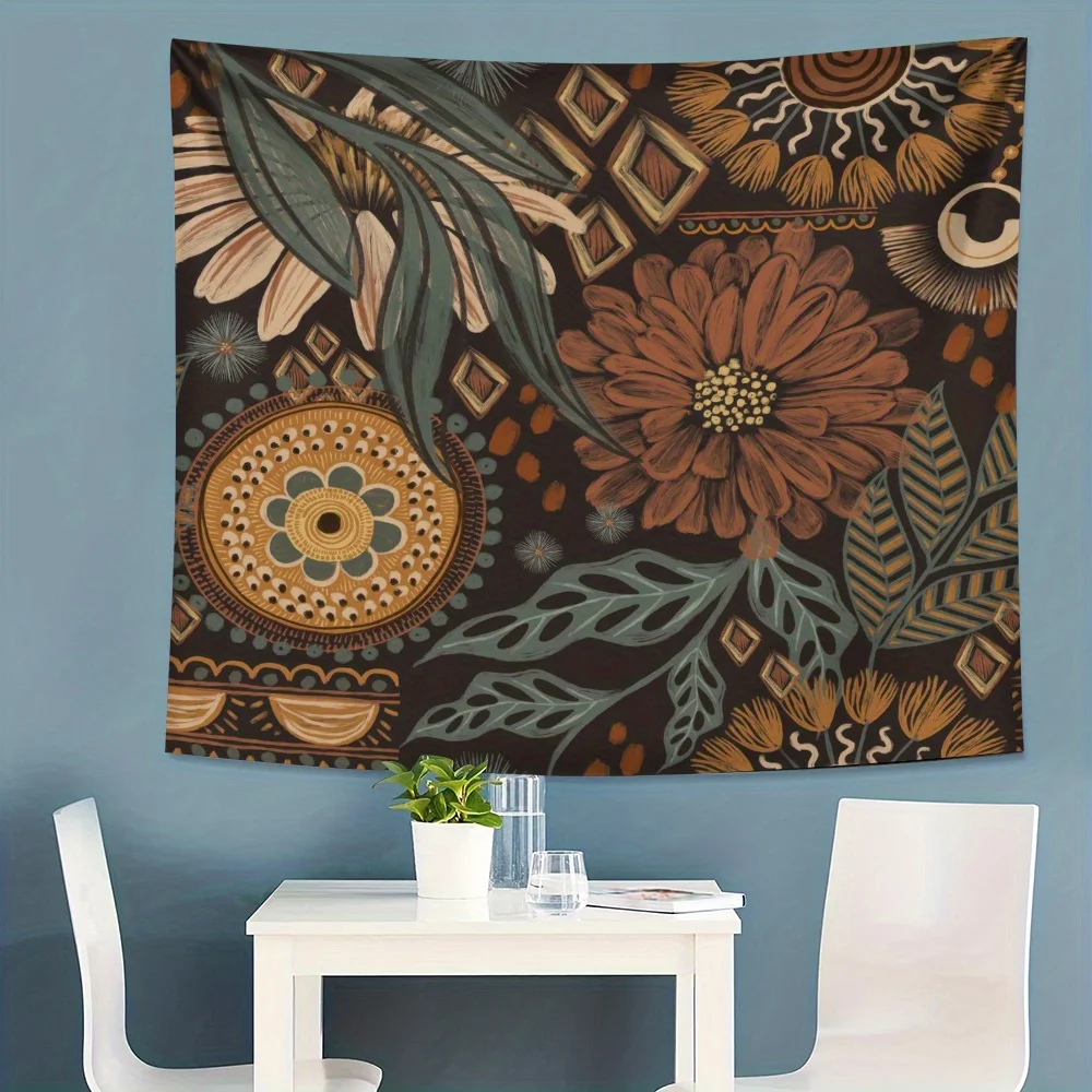1 pieza Tapiz Floral y Geométrico - Marrón/Beige//Azul Verdoso/Blanco/Gris/Naranja/Verde, Tela Suave Color Melocotón Beige para Colg