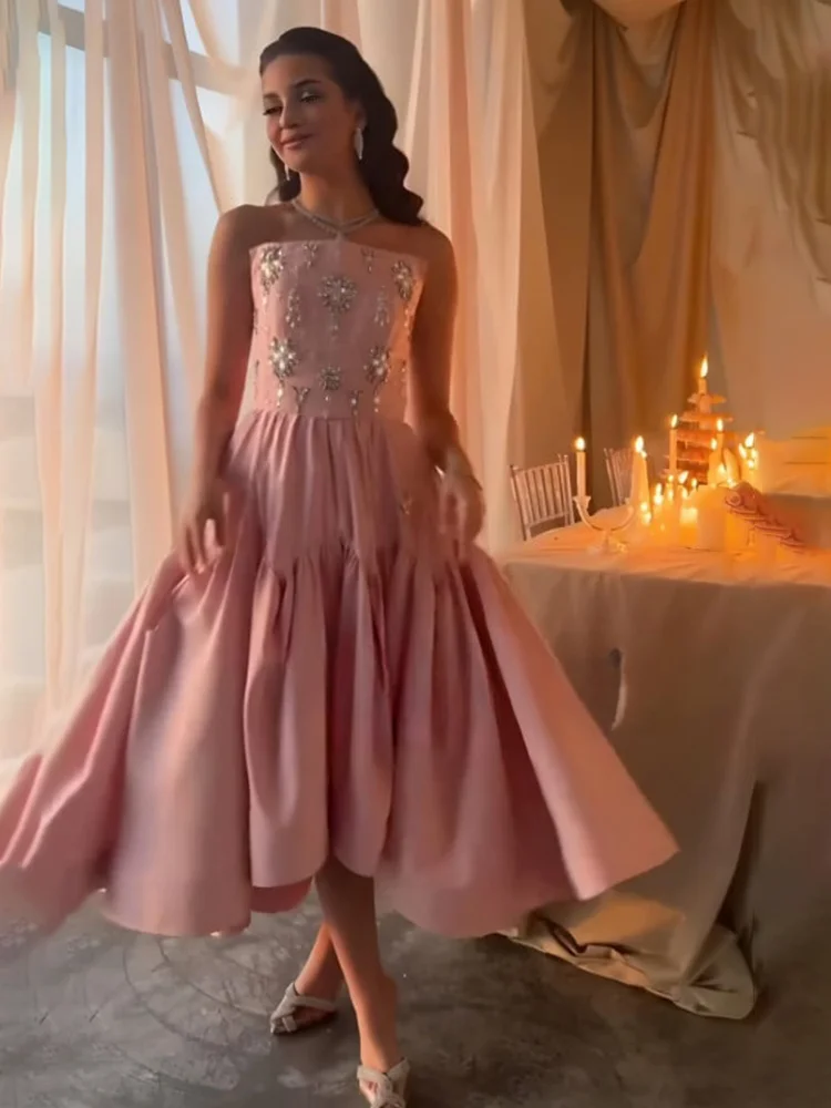 فستان Jirocum وردي على شكل حرف A للحفلات الراقصة للنساء مطرز بالكريستال للحفلات المسائية بأربطة بدون أكمام بطول الأرض فساتين مناسبة رسمية #3
