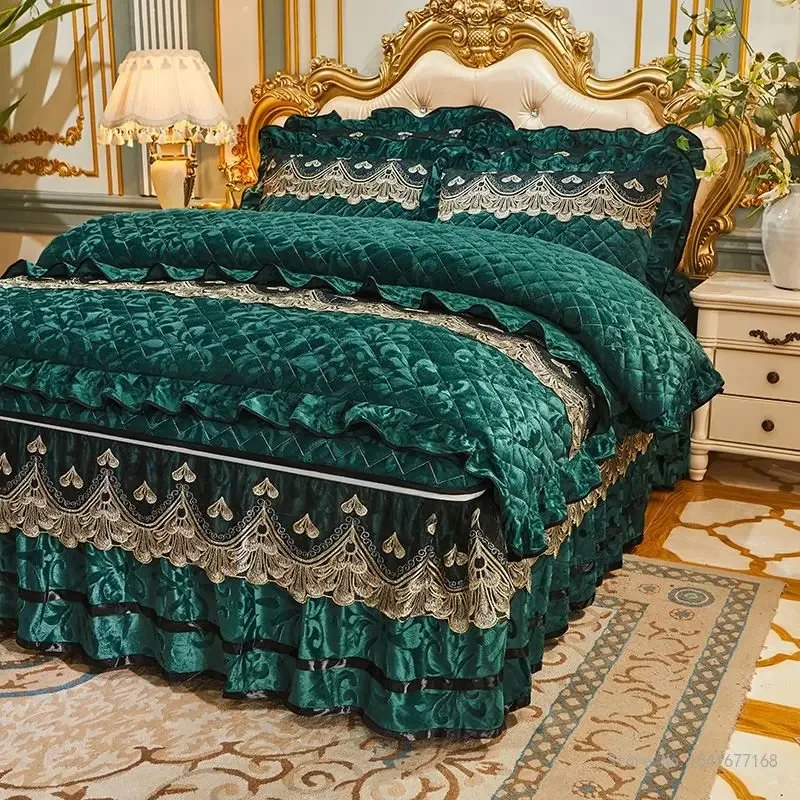 Removable and Washable Cotton Quilt Cover and Pillowcase Set, Cotton Clip, Thickened Quilt Cover, Bed Skirt, Winter, 4 Piece