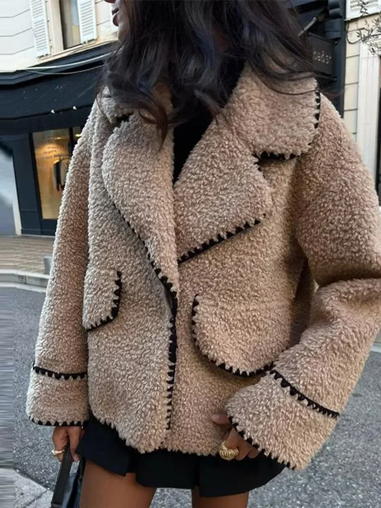 Chic Solid Color Patchwork Warm Coat Women 2023 Autumn Winter Loose Covered Button Long Sleeve Pockets Coats Female Streetwear