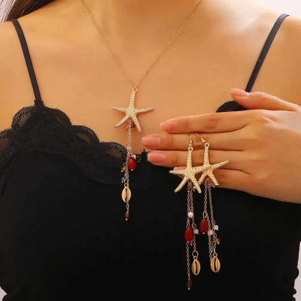 Tassel Pendant Necklace Summer Beach Jewelry Bohemian Sea Star Shell Jewelry Set Ocean-inspired Starfish Charm Necklace Earrings