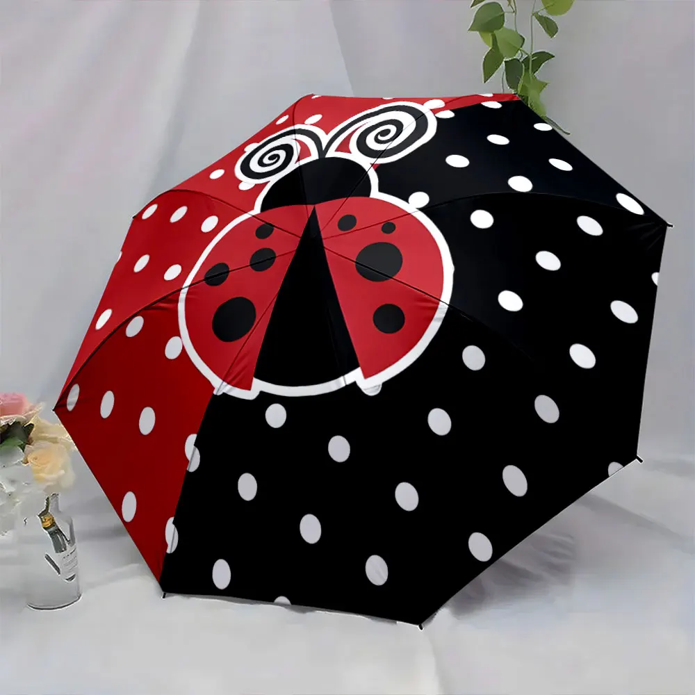 1PC Ladybug-Themed Polka Dot Umbrella Design Print 8 Iron Ribs Folding Umbrella Auto-Open Fashion Sunshade