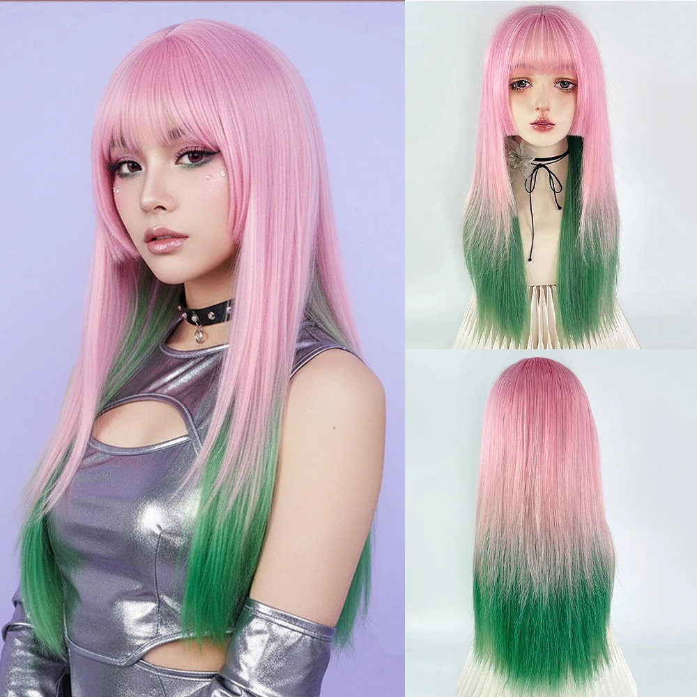 

Синтетический длинный прямой многослойный парик с омбре розового и зеленого цвета с челкой, женский парик для косплея Лолиты для повседневной вечеринки