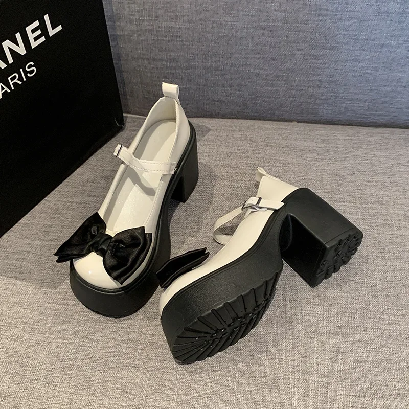 2024 Summer New Coarse Heel Mary Jane Single Shoes Fashion Bowknot Thick Heel Round Toe Pumps Trendy Street Lolita Shoes