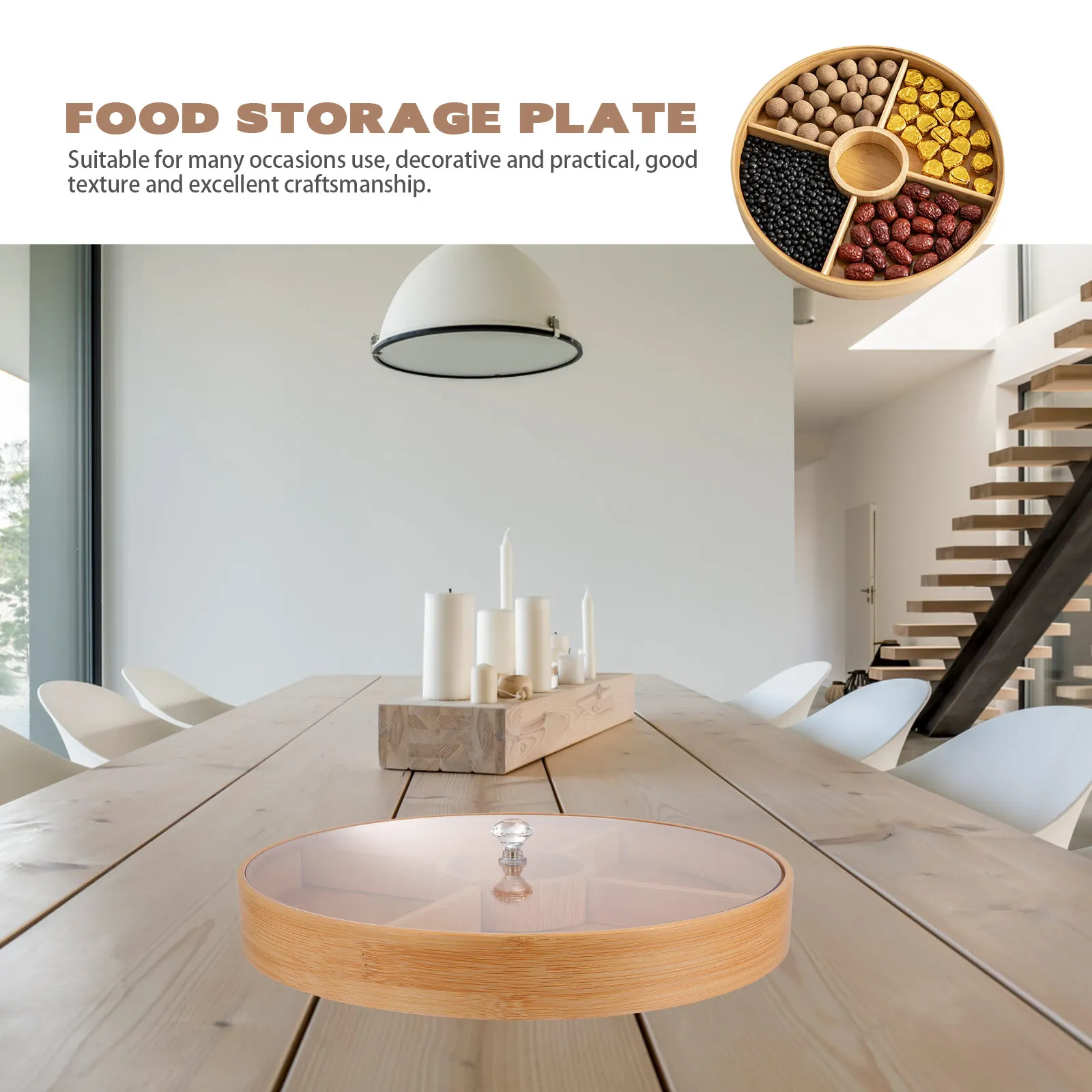 

1pc Bamboo Acrylic Snack Plate Food Storage Tray Dried Fruit Organizing Plate Portable Dessert Container Household Desktop