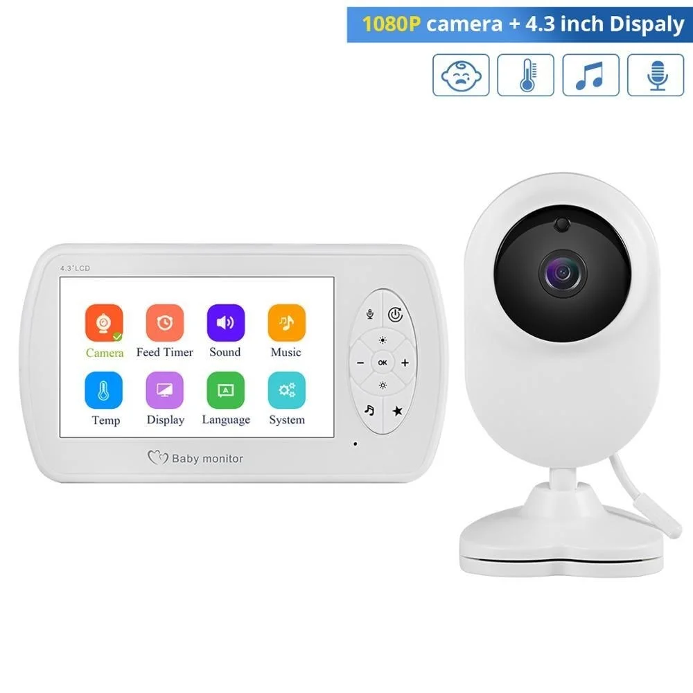 New 4.3 inch Wireless Color Baby Monitor 1080P HD Audio Video Baby Camera Temperature Monitor 2 Way Audio VOX Lullaby SD Card