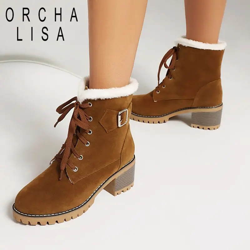 

ORCHA LISA 2025 Warm Women's Ankle Boots Round Toe 5cm Chunky Heels Lace Up Belt Buckle Flock Suede Plus Size 43-45 Casual Bota