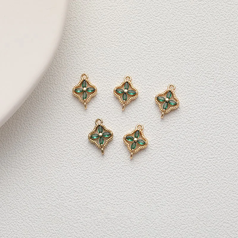 4PCS Delicate Brass Double Holes Four Leaf Zircon Rhinestone Pendant Jewelry Components DIY Findings Material Accessories