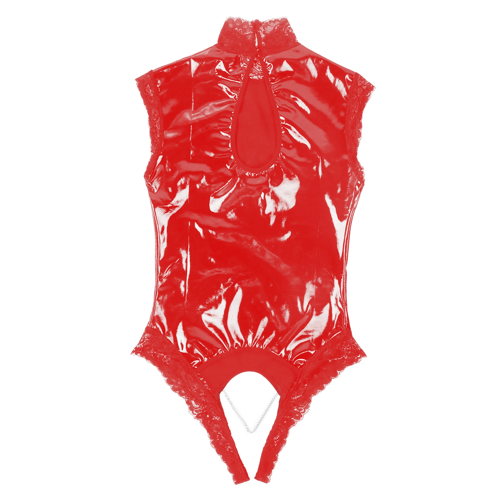 Women Wet Look Patent Leather Lingerie Bodysuit Sleeveless Sexy Open Cups Crotchless Lace Leotard Catsuit Nightwear Clubwear